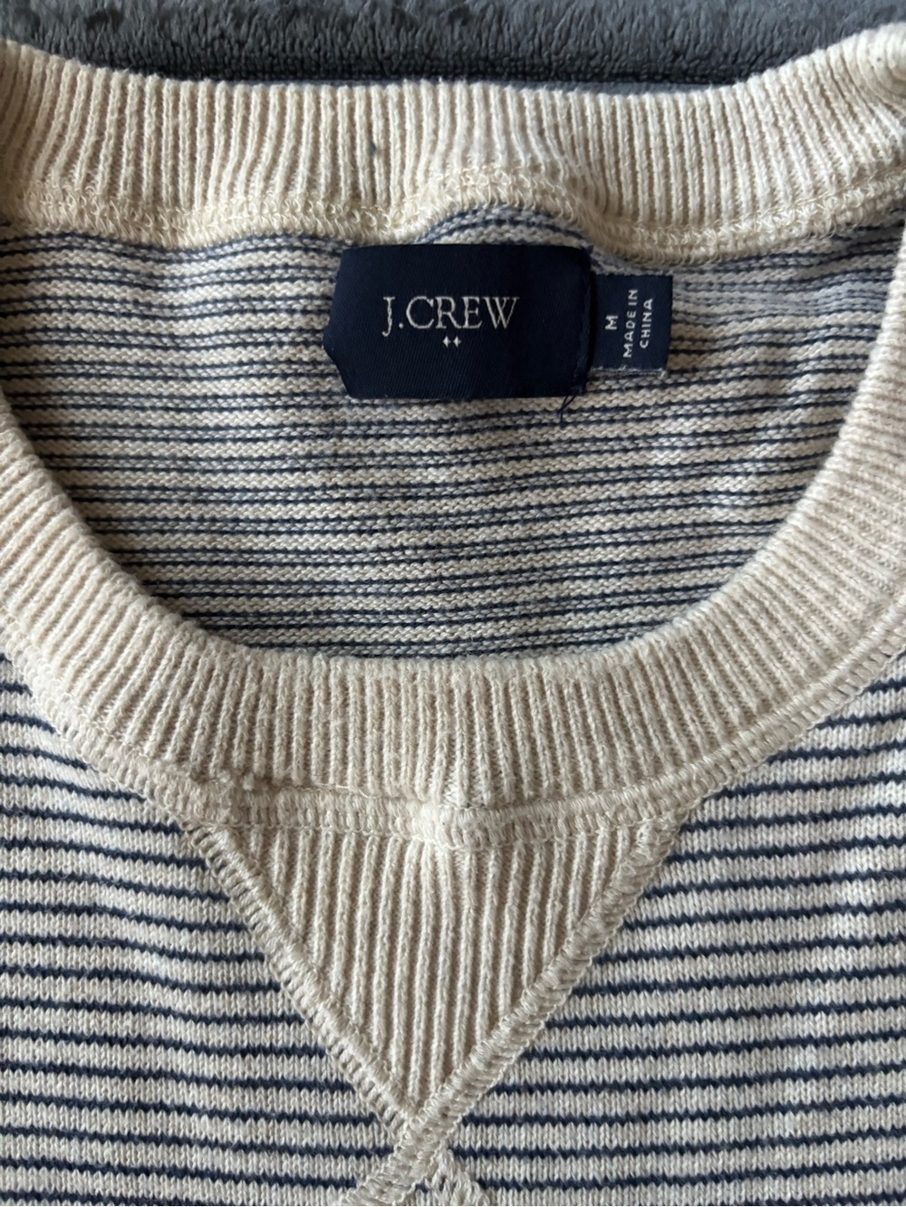 J. Crew Men’s Crewneck Striped Sweater in Beige and Navy - Picture 2 of 4